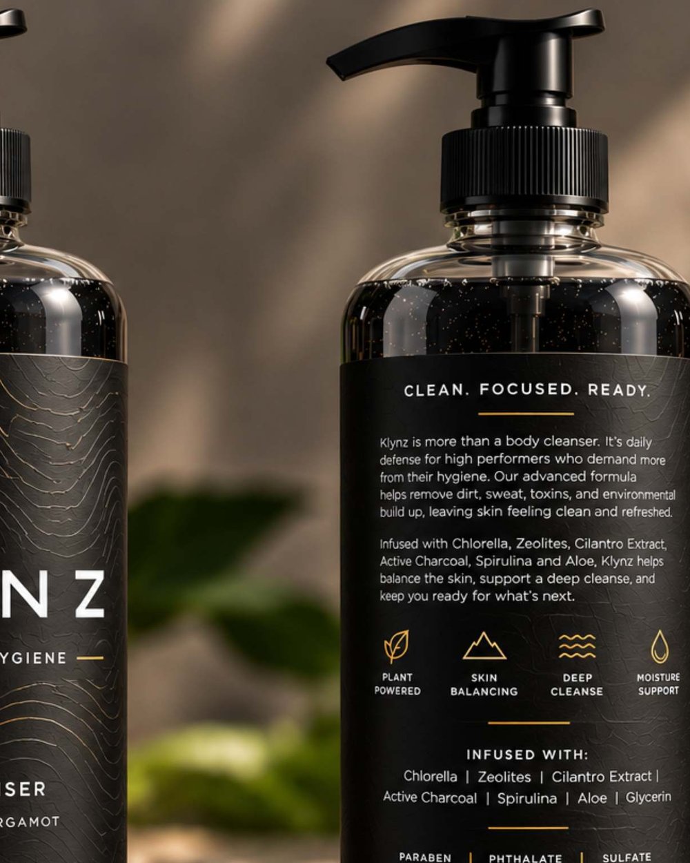 Back label of KLYNZ Body Cleanser listing its ingredients