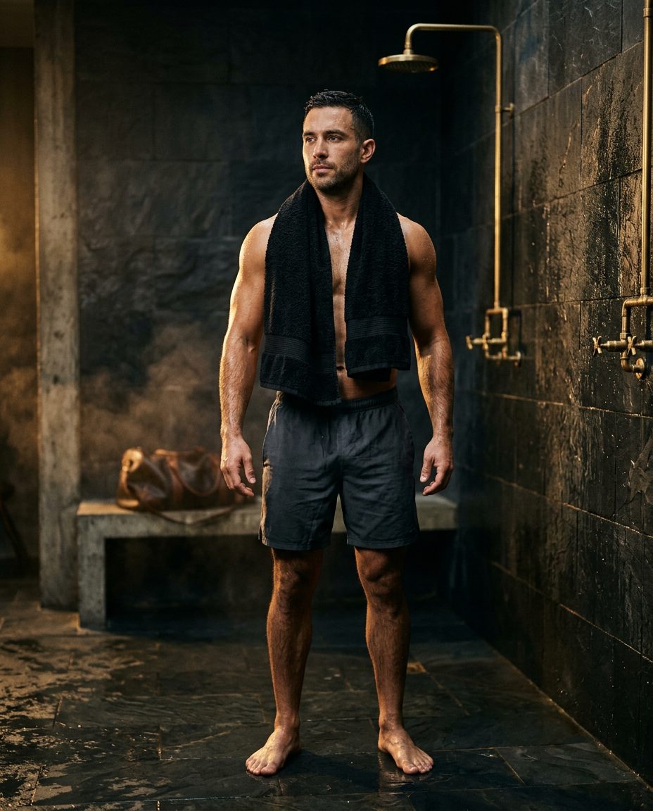 Man after training in a dark stone locker room with warm light