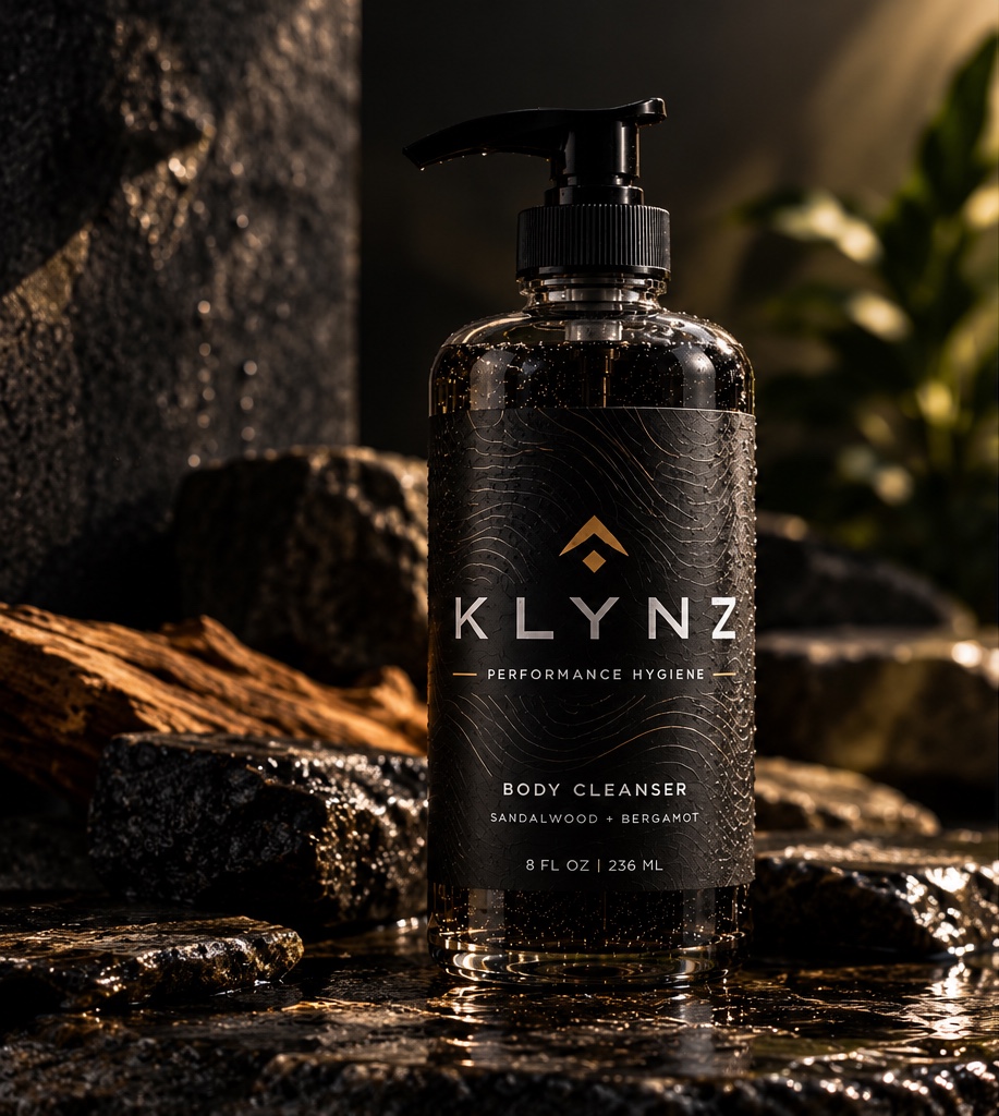 KLYNZ Sandalwood + Bergamot Body Cleanser, 8 fl oz, on wet dark stone