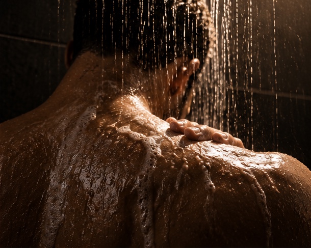 Water and lather running over a man's shoulders in warm, low shower light