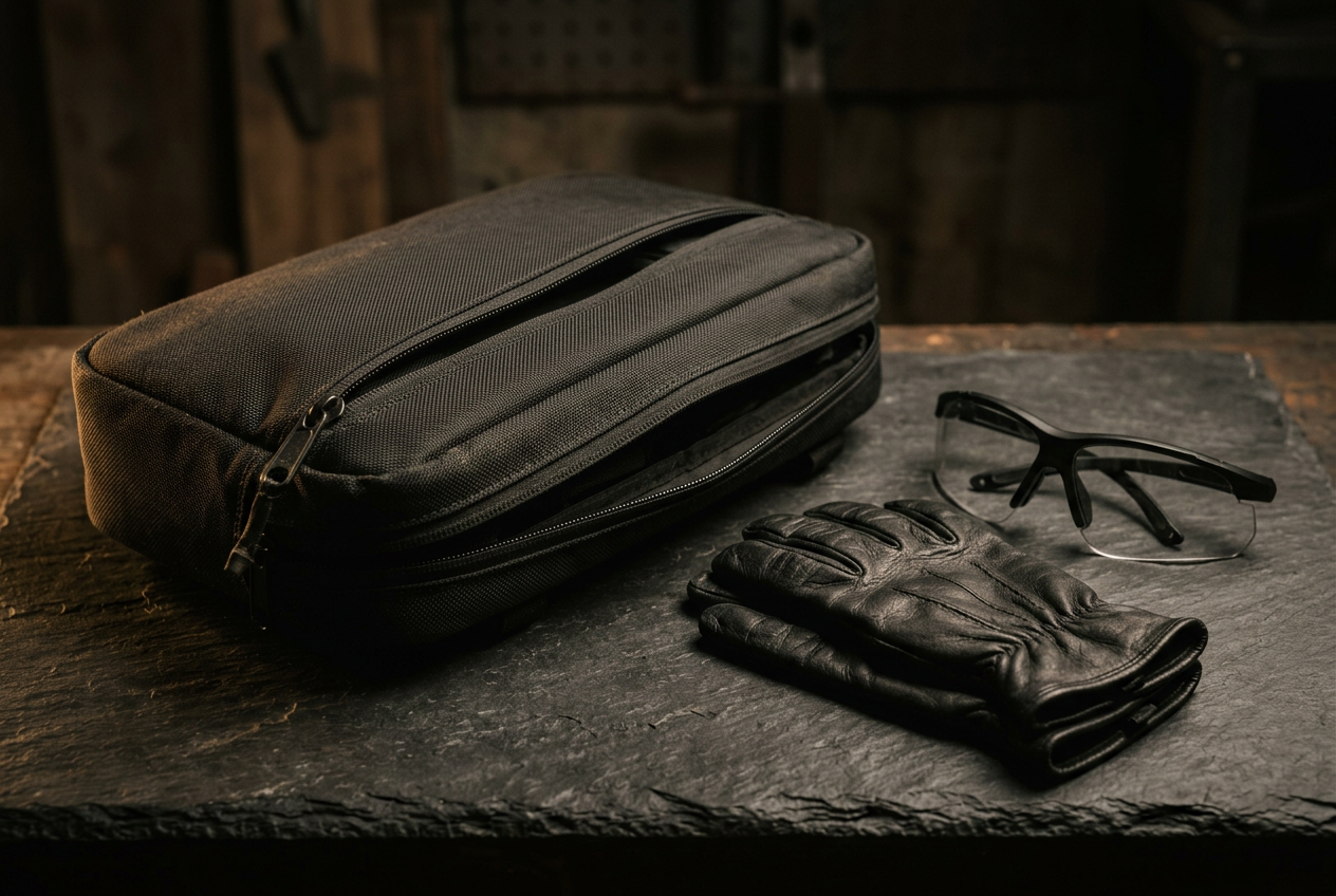 Black gear case, leather gloves and protective eyewear on a dark slate surface